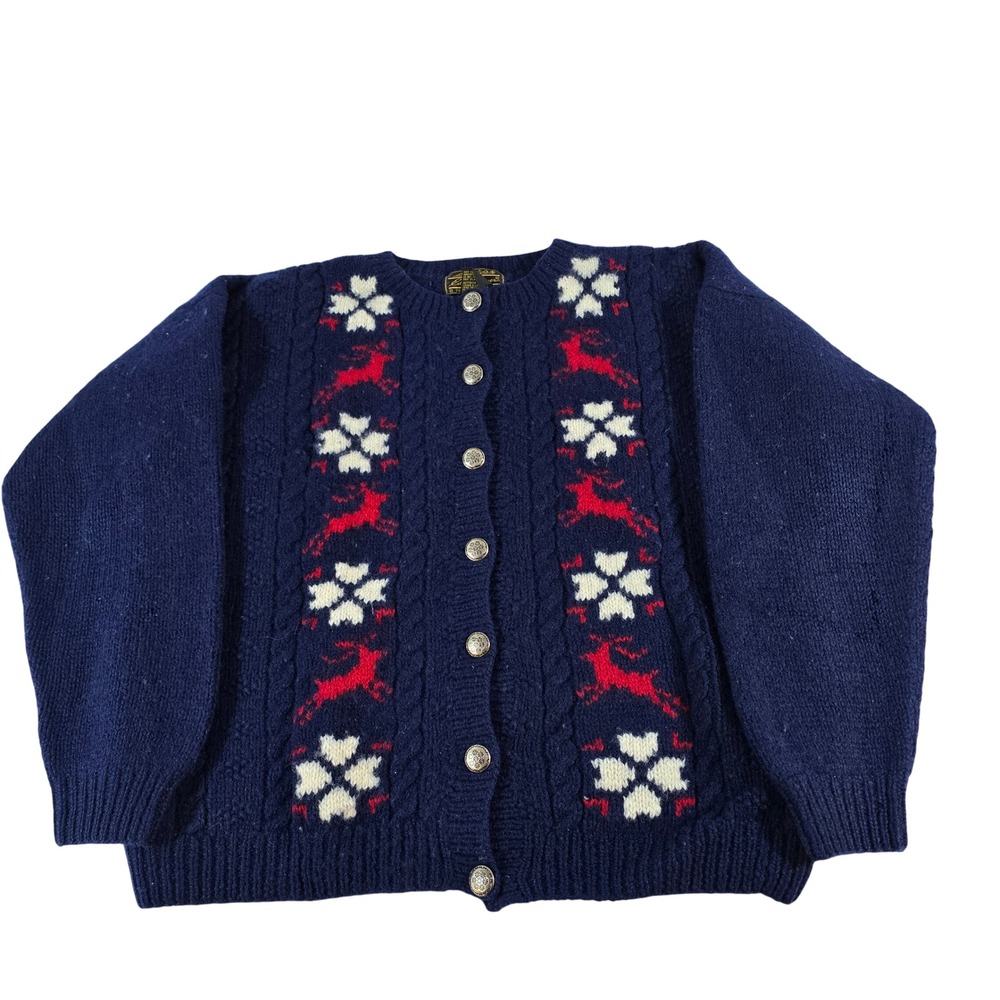 Vintage Eddie Bauer Wool Cardigan Reindeer Nordic Navy Blue 1989 Womens L